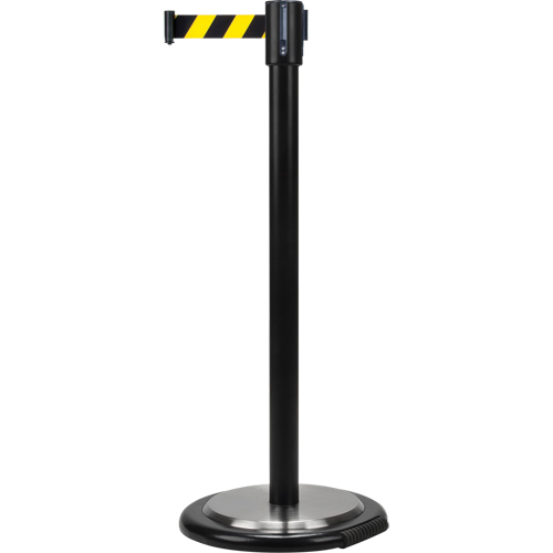 Barri&egrave;res sur pieds pour le contr&ocirc;le des foules, Acier, 35" h, Ruban Noir/Jaune, Longueur du ruban 7' Stor-it Systems