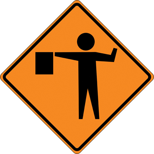 Tilt-Adjust Flagman Ahead Roll-Up Construction Sign, 36" x 36", Vinyl, Pictogram Stor-it Systems
