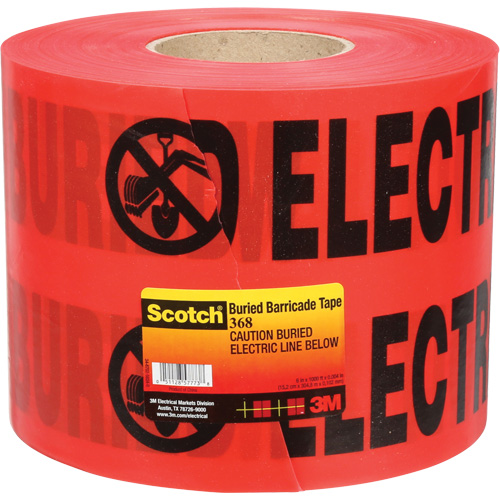 Ruban pour barri&egrave;res pour services publics souterrains Scotch, Anglais, 6" la x 1000' lo, 4 mils, Noir/rouge Stor-it Systems