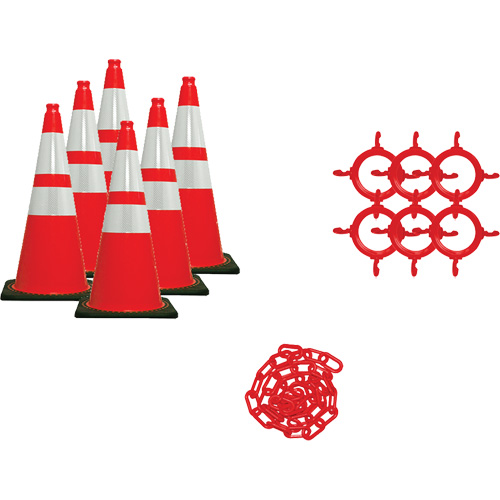 Ensemble de c&ocirc;nes de signalisation et chaînes, 36", Orange, Bande(s) r&eacute;fl&eacute;chissante(s) 4" & 6" Stor-it Systems