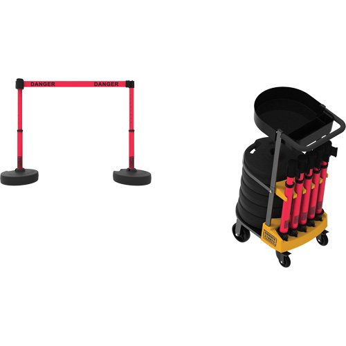 Syst&egrave;me de barri&egrave;re &agrave; chariot portatif avec plateau Plus, 75' lo, M&eacute;tal/Plastique, Rouge Stor-it Systems