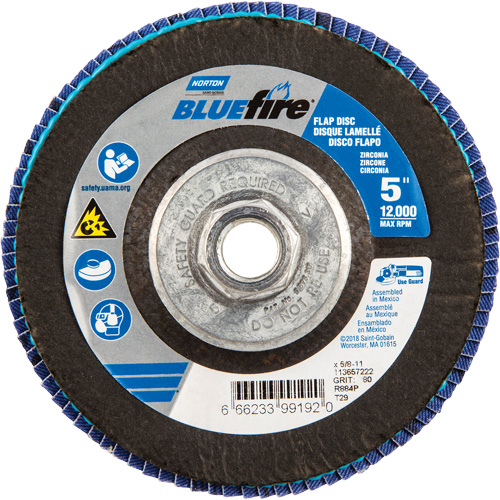 BlueFire&reg; Flap Disc, 5" x 5/8"-11, Type 29, 80 Grit, Zirconia Alumina Stor-it Systems