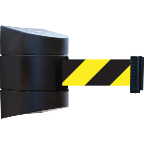 Tensabarrier&reg; Wall Unit, Steel, Screw Mount, 30', Black and Yellow Tape Stor-it Systems