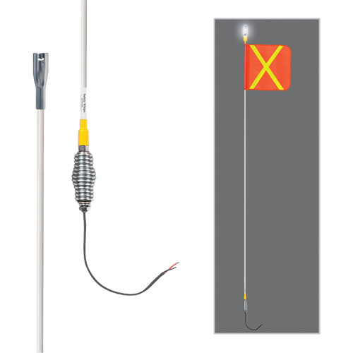 Tiges de s&eacute;curit&eacute; tout-temps de s&eacute;rie lourde avec lumi&egrave;re DEL constante Safety Whip, Fixation Ressort, Hauteur 5', Orange avec X r&eacute;fl&eacute;chissant Stor-it Systems