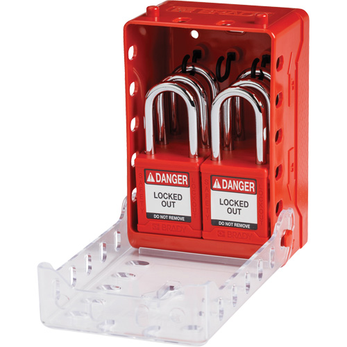 Boîte de cadenassage de groupe ultra compacte avec cadenas de s&eacute;curit&eacute; en nylon, Rouge Stor-it Systems
