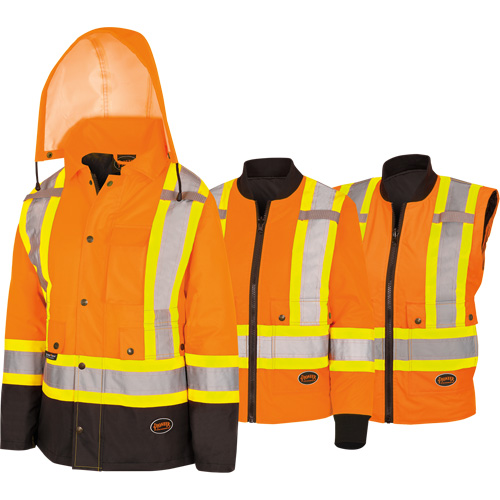5020BBW Women's  7-in-1 Waterproof Jacket with Hood, Polyester/Polyurethane, High Visibility Orange, X-Small Stor-it Systems