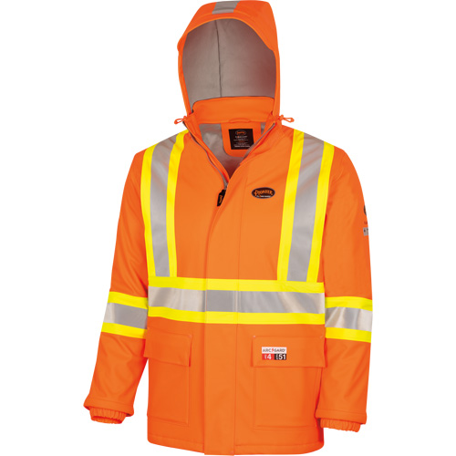 5884 Manteau imperm&eacute;able ignifuge et r&eacute;sistant aux arcs &eacute;lectriques avec capuchon Flash-Gard, Petit, Orange haute visibilit&eacute;, 51 cal/cm² Stor-it Systems