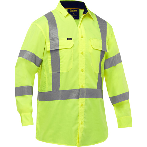 Bisley&reg; X-Back Long Sleeve Work Shirt with X-Airflow, Poly-Cotton, Small, High Visibility Lime-Yellow Stor-it Systems