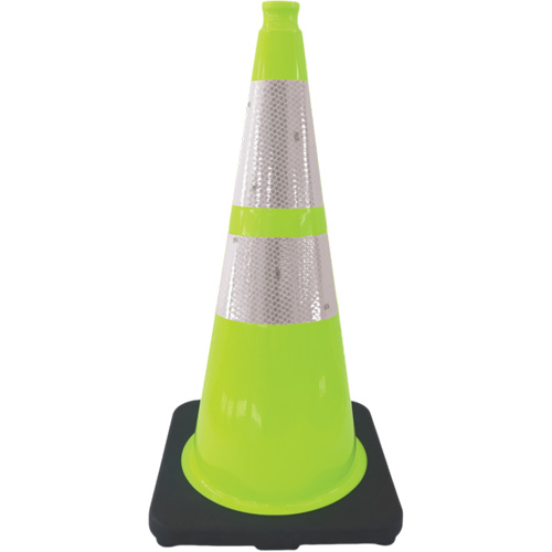 C&ocirc;ne de signalisation de premi&egrave;re qualit&eacute;, 28", Vert lime, Bande(s) r&eacute;fl&eacute;chissante(s) 4" & 6" Stor-it Systems