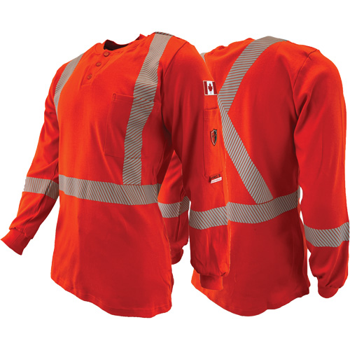 Chandail &agrave; manches longues ignifuge et r&eacute;sistant &agrave; l'arc &eacute;lectrique avec bandes de 2" Henley Atlas Guardian, T-petit, Orange haute visibilit&eacute; Stor-it Systems
