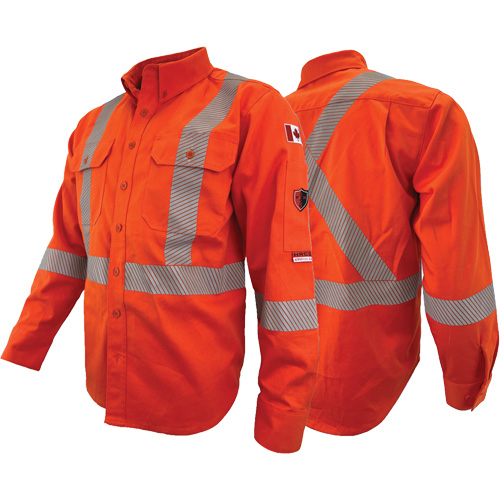 Chandail de travail &agrave; manches longues ignifuge et r&eacute;sistant &agrave; l'arc &eacute;lectrique avec bandes de 2" Atlas Guardian, T-petit, Orange haute visibilit&eacute; Stor-it Systems