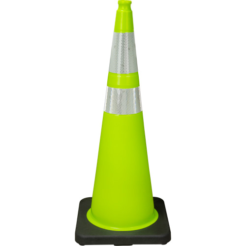 C&ocirc;ne de signalisation de premi&egrave;re qualit&eacute;, 36", Vert lime, Bande(s) r&eacute;fl&eacute;chissante(s) 4" & 6" Stor-it Systems