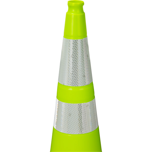 C&ocirc;ne de signalisation de premi&egrave;re qualit&eacute;, 36", Vert lime, Bande(s) r&eacute;fl&eacute;chissante(s) 4" & 6" Stor-it Systems
