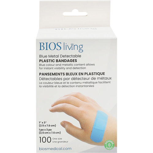 Blue Water-Resistant Bandages, Rectangular/Square, 3", Plastic Metal Detectable, Sterile Stor-it Systems