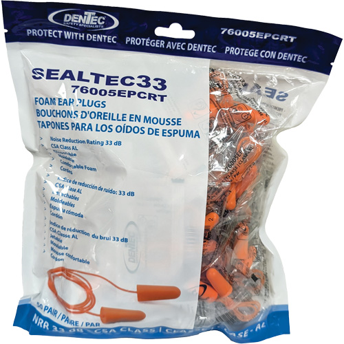 Bouchons d'oreilles coniques jetables en mousse de PU orange SEALTEC33, Vrac - Sac en poly, Avec cordon Stor-it Systems
