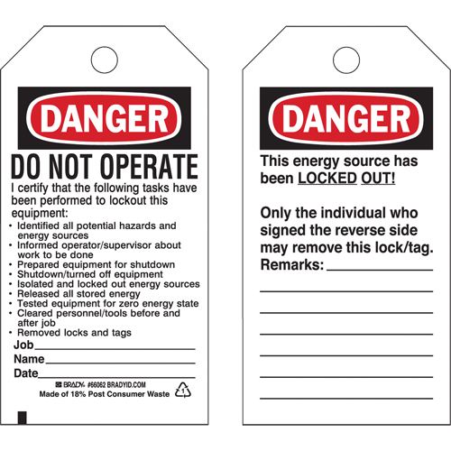 Lockout Tags, Plastic, 3" W x 5-1/2" H, English Stor-it Systems