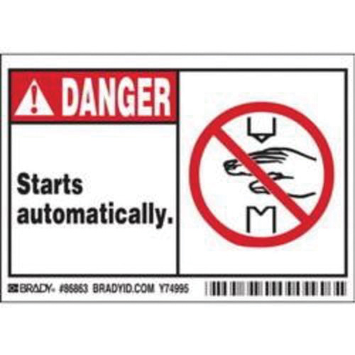 Enseigne Danger Starts Automatically, 3-1/2" x 5", Polyester, Anglais avec pictogramme Stor-it Systems