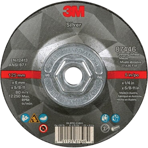 Meule argent&eacute;e &agrave; moyeu d&eacute;port&eacute; &agrave; changement rapide 87446, 5" x 1/4", Arbre de 5/8"-11, Type 27, C&eacute;ramique Stor-it Systems