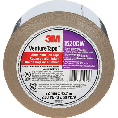 Venture Tape Aluminum Foil Tape, 1.8 mils Thick, 72 mm (3") x 45.7 m (150') Stor-it Systems