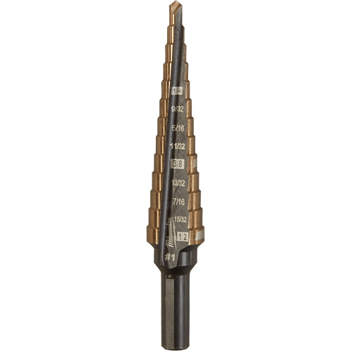 Step Drill Bit, 1/8"/#1 - 1/2"/#1 , 1/32" Increments, High Speed Cobalt Stor-it Systems