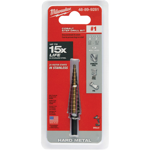 Step Drill Bit, 1/8"/#1 - 1/2"/#1 , 1/32" Increments, High Speed Cobalt Stor-it Systems