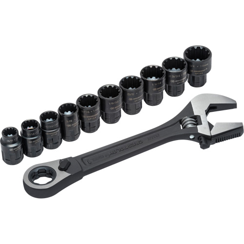 11-Piece Pass-Thru X6 Adjustable Wrench & Spline Socket Set, 13" L, 2-27/50" Max Width, Black Phosphate Stor-it Systems