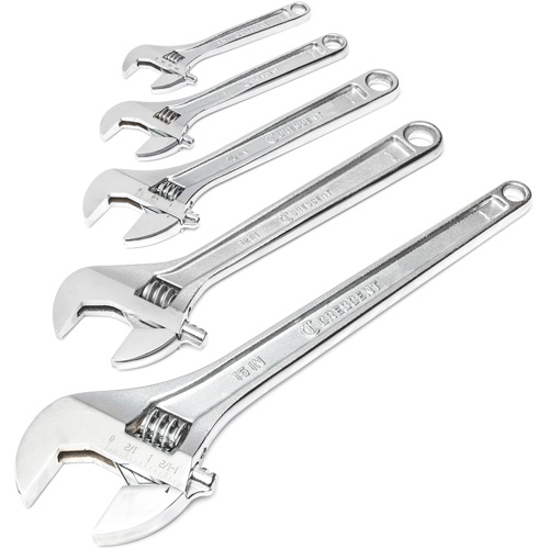 Chrome Wrench Set, Adjustable, 5 Pieces, Imperial and Metric Stor-it Systems