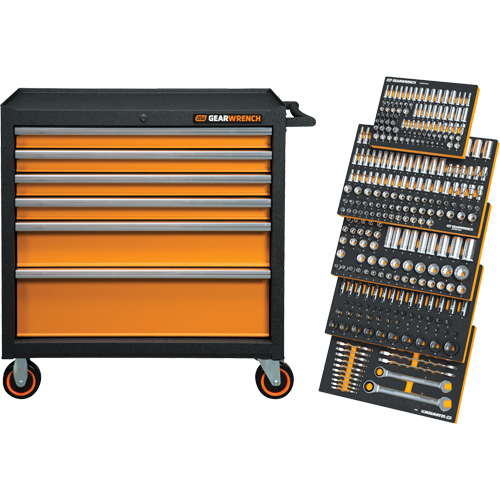 Jeu d'outils m&eacute;triques pour m&eacute;canicien MEGAMOD dans des plateaux en mousse modulaire avec armoire roulante &agrave; outils, 358 morcea Stor-it Systems