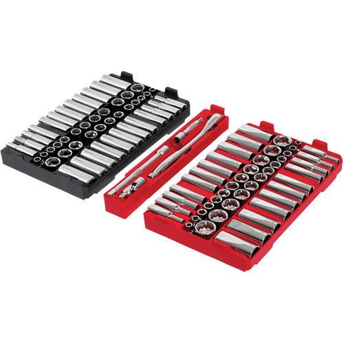 Jeu de cliquets et douilles m&eacute;triques/SAE avec organisateur PACKOUT &agrave; profil bas, 98 Mcx, Prise de 3/8" Stor-it Systems