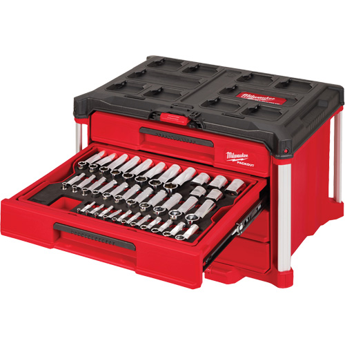 Ensemble de 242 pi&egrave;ces de douilles et cliquets m&eacute;triques et SAE 1/4", 3/8" et 1/2" avec boîte &agrave; outils PACKOUT &agrave; 4 tiroirs, 16-3/10" x 22-1/5" x 14-3/10", Noir/Rouge Stor-it Systems