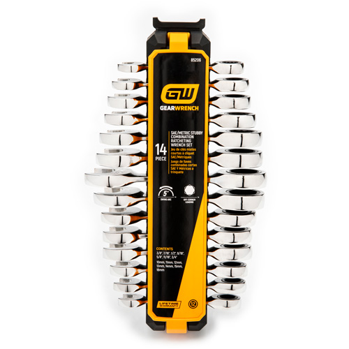 72-Tooth 12 Point Stubby Wrench Set, Ratcheting Combination, 14 Pieces, Imperial and Metric Stor-it Systems