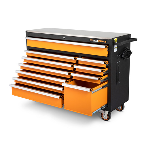 Armoire &agrave; outils roulante avec dessus de travail en acier inoxydable, 11 tiroirs, 52" la x 18" p x 36" h, Noir/Orange Stor-it Systems