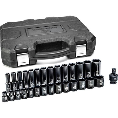 Jeu de douilles m&eacute;triques &agrave; 6 pans, 29 Mcx, Chocs, Prise de 3/8", Profond Stor-it Systems