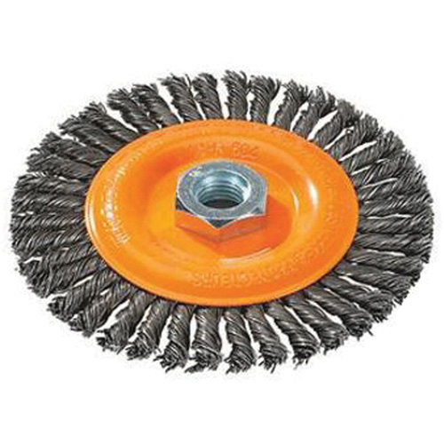 Brosse &agrave; fils nou&eacute;s pour cordons de soudure, Dia. 4", Fils 0,02", Arbre 5/8"-11, Acier Stor-it Systems