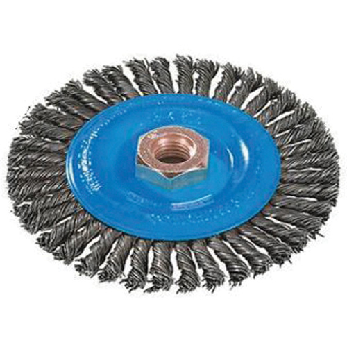 Brosse &agrave; fils nou&eacute;s pour cordons de soudure, Dia. 4", Fils 0,02", Arbre 5/8"-11, Aluminium/Acier inoxydable Stor-it Systems