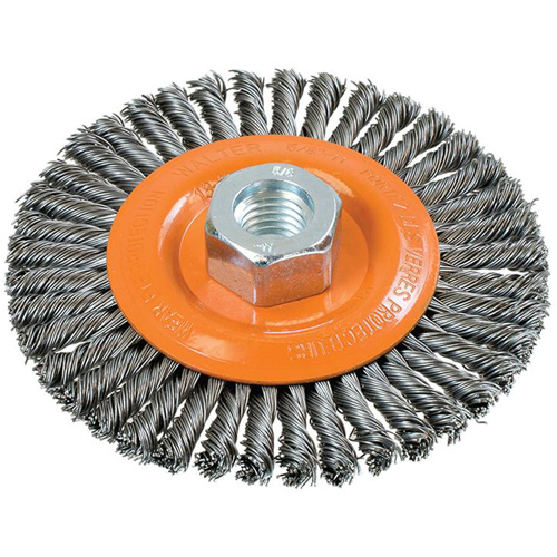 Stringer Bead Knotted Wire Brush, 4-1/2" Dia., 0.02" Fill, 5/8"-11 Arbor, Steel Stor-it Systems