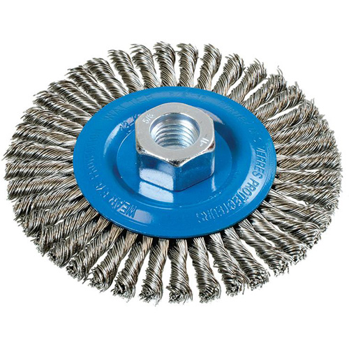Brosse &agrave; fils nou&eacute;s pour cordons de soudure, Dia. 4-1/2", Fils 0,02", Arbre 5/8"-11, Aluminium/Acier inoxydable Stor-it Systems