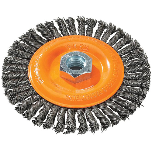 Brosse &agrave; fils nou&eacute;s pour cordons de soudure, Dia. 5", Fils 0,02", Arbre 5/8"-11, Acier Stor-it Systems