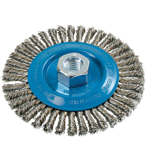 Brosse &agrave; fils &eacute;troits nou&eacute;s et torsad&eacute;s, Dia. 5", Fils 0,02", Arbre 5/8"-11, Aluminium/Acier inoxydable Stor-it Systems