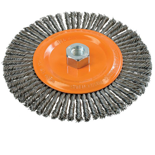 Brosse &agrave; fils nou&eacute;s pour cordons de soudure, Dia. 6-7/8'', Fils 0,02", Arbre 5/8"-11, Acier Stor-it Systems