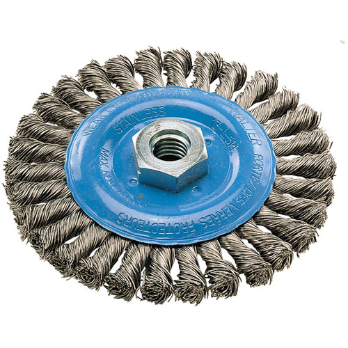 Brosse rotative &agrave; fils nou&eacute;s large, Dia. 5", Fils 0,02", Arbre 5/8"-11, Aluminium/Acier inoxydable Stor-it Systems