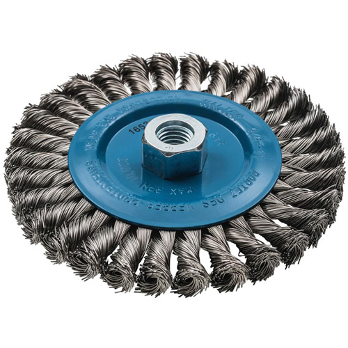 Brosse rotative &agrave; fils nou&eacute;s large, Dia. 6", Fils 0,02", Arbre 5/8"-11, Aluminium/Acier inoxydable Stor-it Systems