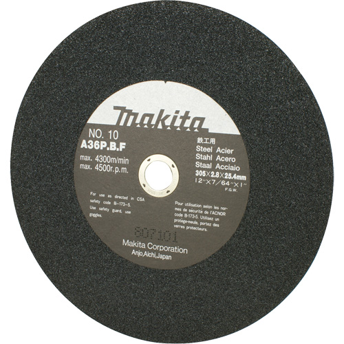 Meule abrasive pour scies &agrave; tronçonner et meuleuses dangle, 12" x 7/64", Arbre de 1", 4500 Tr/min Stor-it Systems