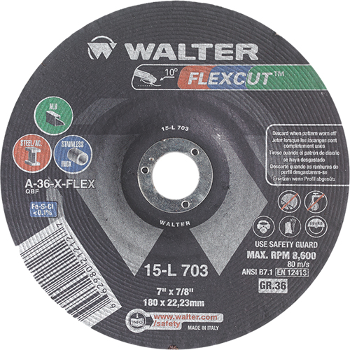 Meules &agrave; moyeu d&eacute;port&eacute; Flexcut, 7", 36 Grain, Oxyde d'aluminium, 7/8", 8600 Tr/min, Type 29 Stor-it Systems
