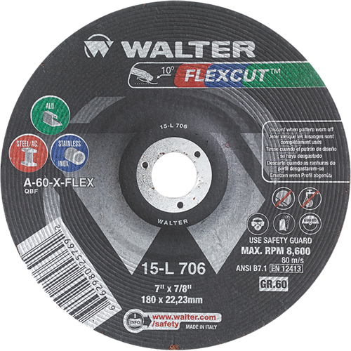 Meules &agrave; moyeu d&eacute;port&eacute; Flexcut, 7", 60 Grain, Oxyde d'aluminium, 7/8", 8600 Tr/min, Type 29 Stor-it Systems