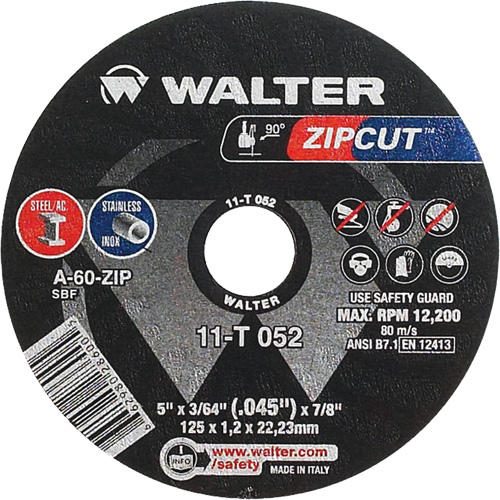 Zipcut Cut-Off Wheel, 5" x 3/64", 7/8" Arbor, Type 1, Aluminum Oxide, 12200 RPM Stor-it Systems