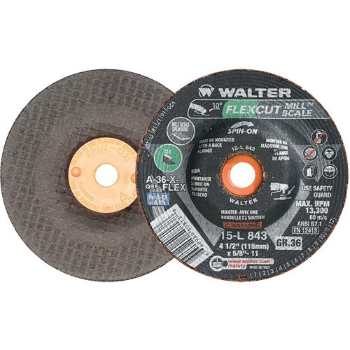 FLEXCUT MILL SCALE Grinding Wheel, 4-1/2", 36 Grit, Aluminum Oxide, 5/8"-11, 13300 RPM, Type 29 Stor-it Systems