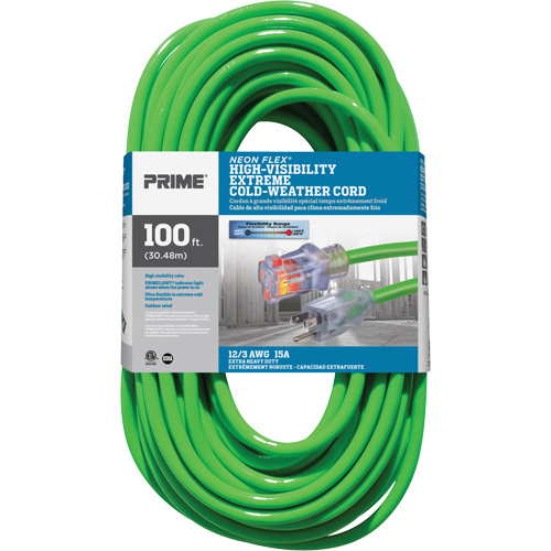 Neon Flex&reg; High Visibility Extension Cord, Outdoor, SJTW, 12/3 AWG, 15 A, 100' Stor-it Systems