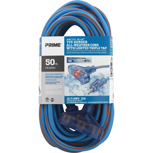 Arctic Blue TPE-Rubber Extension Cord, All-Weather, SJEOW, 12/3 AWG, 15 A, 3 Outlet(s), 50' Stor-it Systems