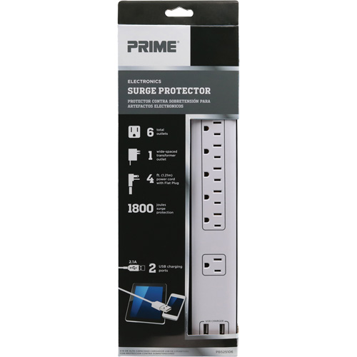 USB Charging Surge Protectors, 6 Outlets, 1800 J, 1875 W, 4' Cord Stor-it Systems